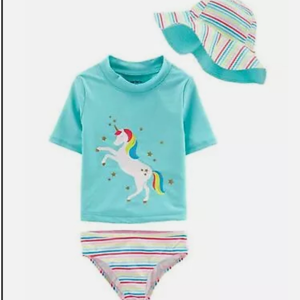 Carter's 3 Piece Little Girls Swimsuit Rash Guard Hat 2T